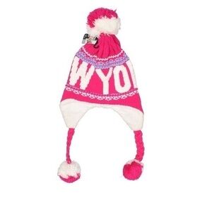 NWT New York Fleece Faux Fur Pom Graphic Beanie Knit Winter Hat Cap w Earflap